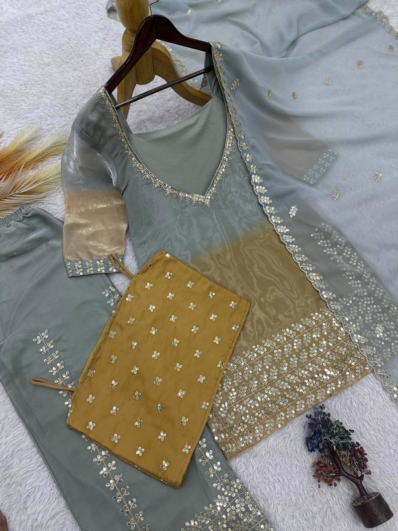Grey silk blend embroidered palazzo set
