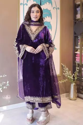 Purple velvet embroidered kurta set