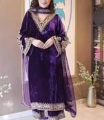Purple velvet embroidered kurta set