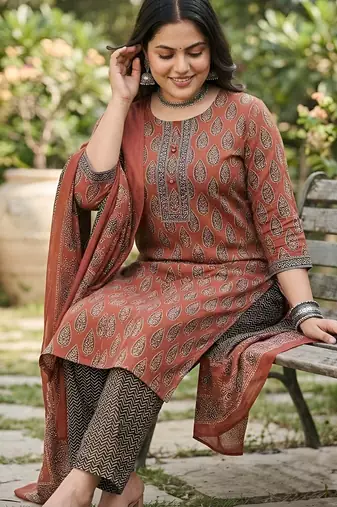 Maroon floral printed cotton kurta set