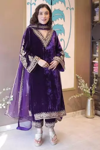 Purple velvet embroidered kurta set