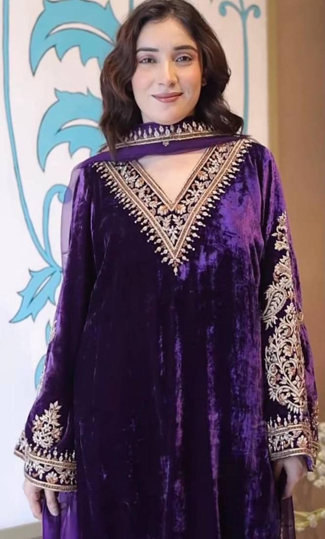 Purple velvet embroidered kurta set