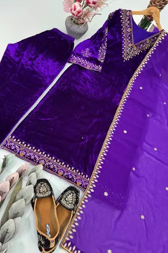 Purple velvet embroidered kurta set