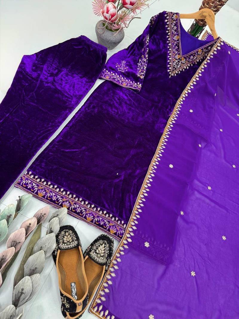 Purple velvet embroidered kurta set