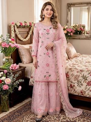 Pink faux georgette embroidered sharara set 1