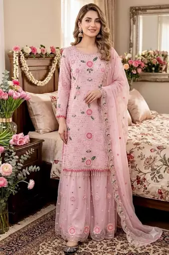 Pink faux georgette embroidered sharara set