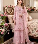 Pink faux georgette embroidered sharara set