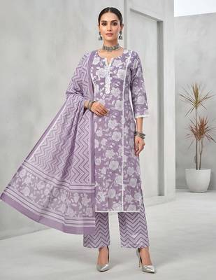 Lavender floral printed cotton kurta set 1