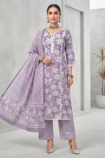 Lavender floral printed cotton kurta set