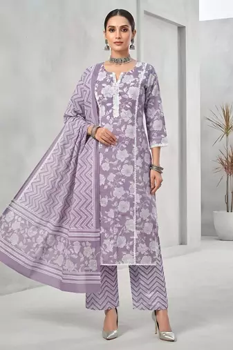 Lavender floral printed cotton kurta set