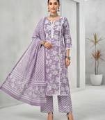 Lavender floral printed cotton kurta set