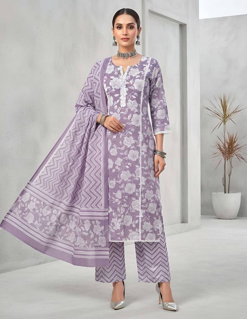 Lavender floral printed cotton kurta set