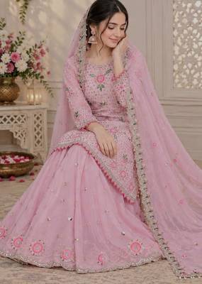 Pink faux georgette embroidered sharara set 2