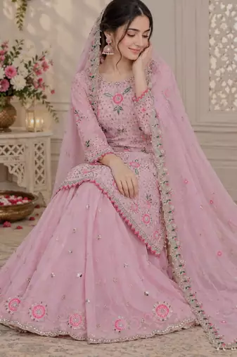 Pink faux georgette embroidered sharara set