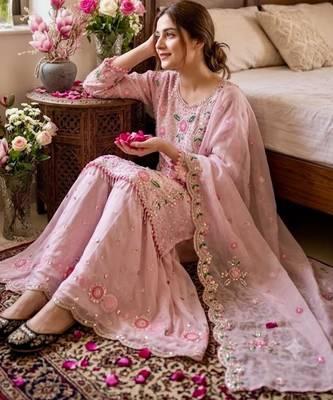 Pink faux georgette embroidered sharara set 3