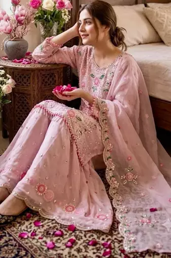 Pink faux georgette embroidered sharara set