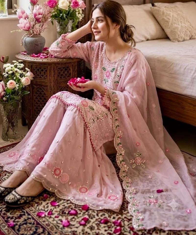 Pink faux georgette embroidered sharara set