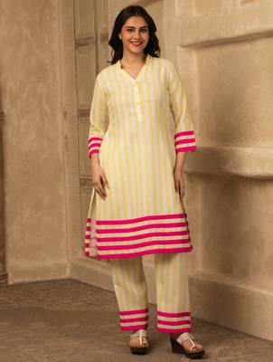 Yellow cotton linen stripes print kurta set 1