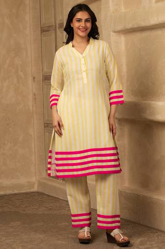 Yellow cotton linen stripes print kurta set