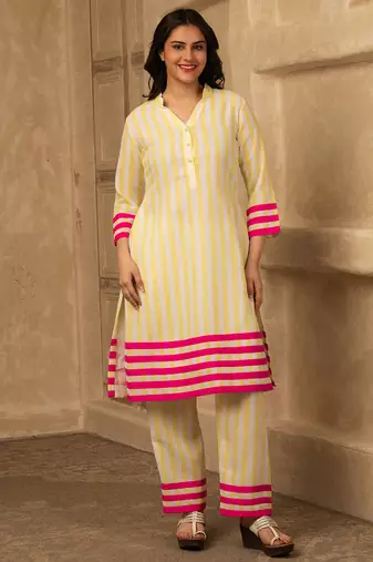 Yellow cotton linen stripes print kurta set