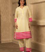 Yellow cotton linen stripes print kurta set