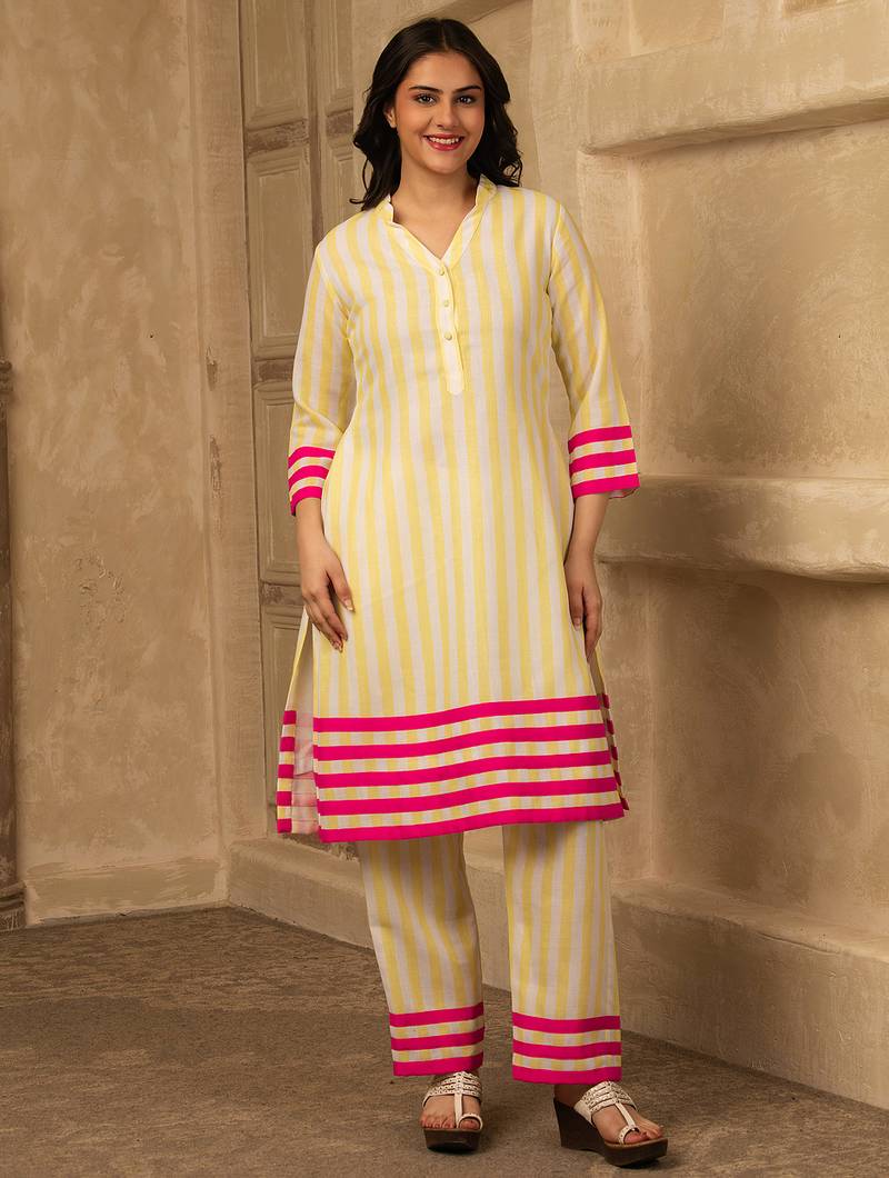 Yellow cotton linen stripes print kurta set