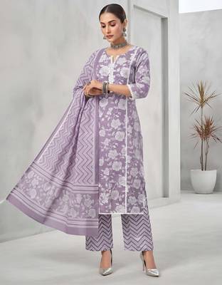 Lavender floral printed cotton kurta set 3