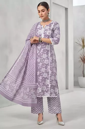 Lavender floral printed cotton kurta set