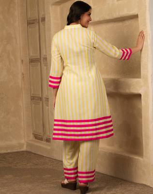 Yellow cotton linen stripes print kurta set 2