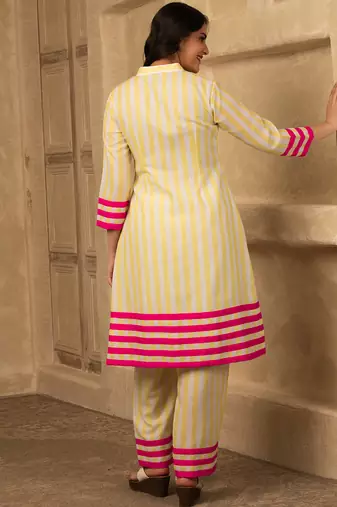 Yellow cotton linen stripes print kurta set