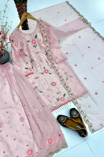 Pink faux georgette embroidered sharara set