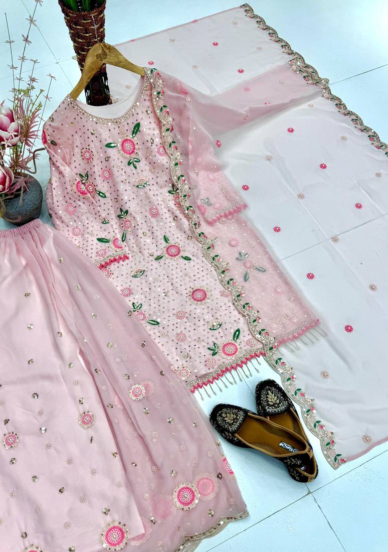 Pink faux georgette embroidered sharara set