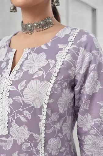 Lavender floral printed cotton kurta set
