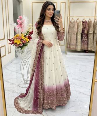 White georgette embroidered flared gown set 1