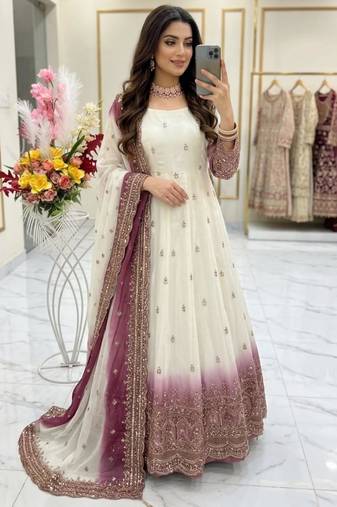 White georgette embroidered flared gown set