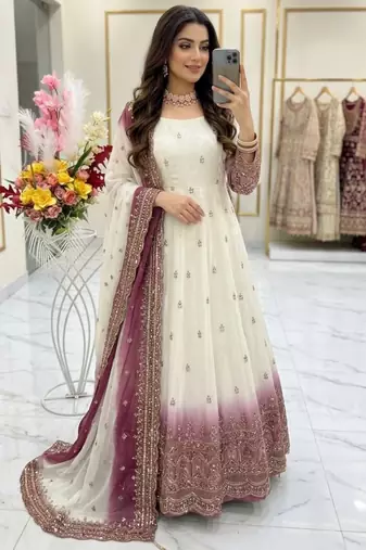 White georgette embroidered flared gown set