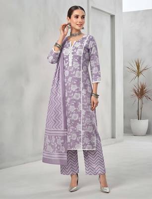 Lavender floral printed cotton kurta set 5