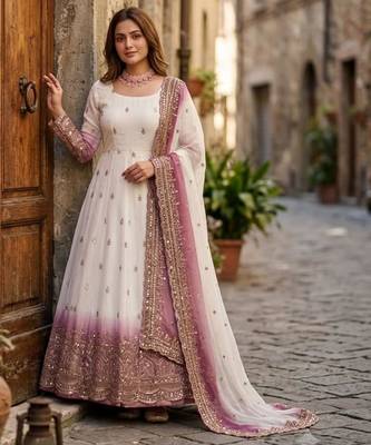 White georgette embroidered flared gown set 2