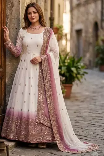 White georgette embroidered flared gown set
