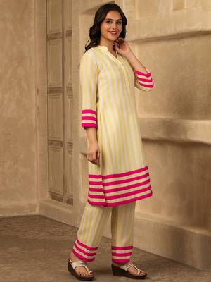 Yellow cotton linen stripes print kurta set 4