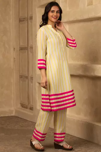 Yellow cotton linen stripes print kurta set