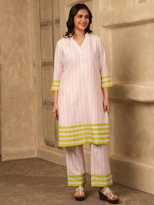 Pink cotton linen stripes print kurta set 1
