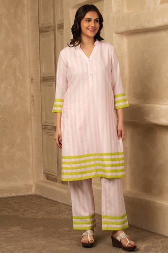 Pink cotton linen stripes print kurta set