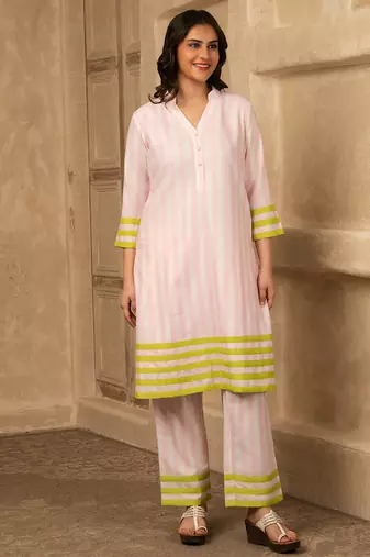 Pink cotton linen stripes print kurta set