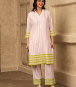 Pink cotton linen stripes print kurta set