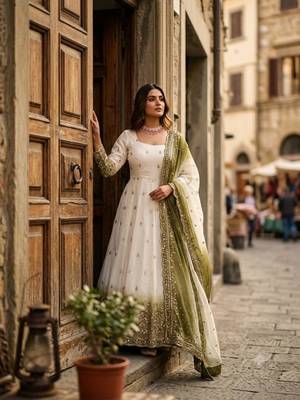White georgette embroidered flared gown set 1