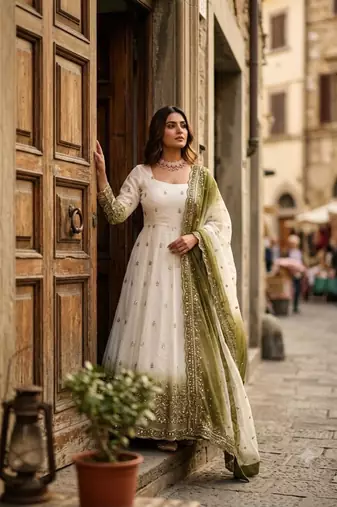White georgette embroidered flared gown set