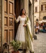 White georgette embroidered flared gown set