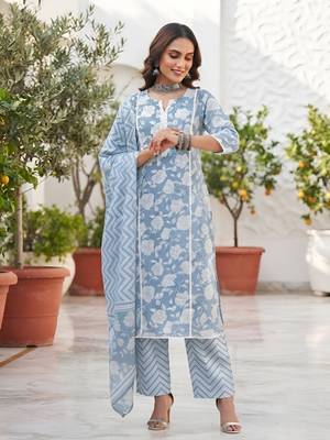 Blue floral printed cotton kurta set 2