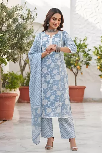 Blue floral printed cotton kurta set